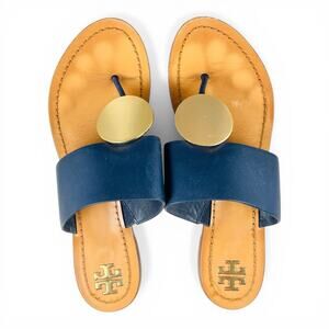 Tory Burch Patos Thong Resort Sandals Ink Navy Leather Gold Medallion Logo 8.5